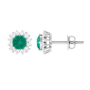 1 CT Emerald and Diamond Halo Stud Earrings