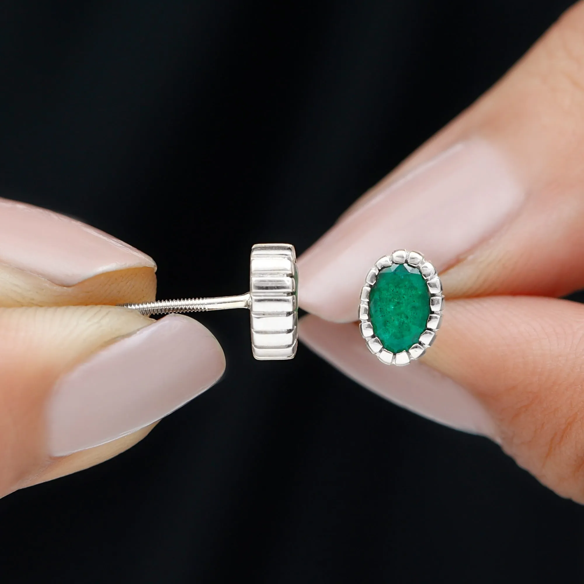 1 CT Oval Emerald Solitaire Stud Earrings in Bezel Setting