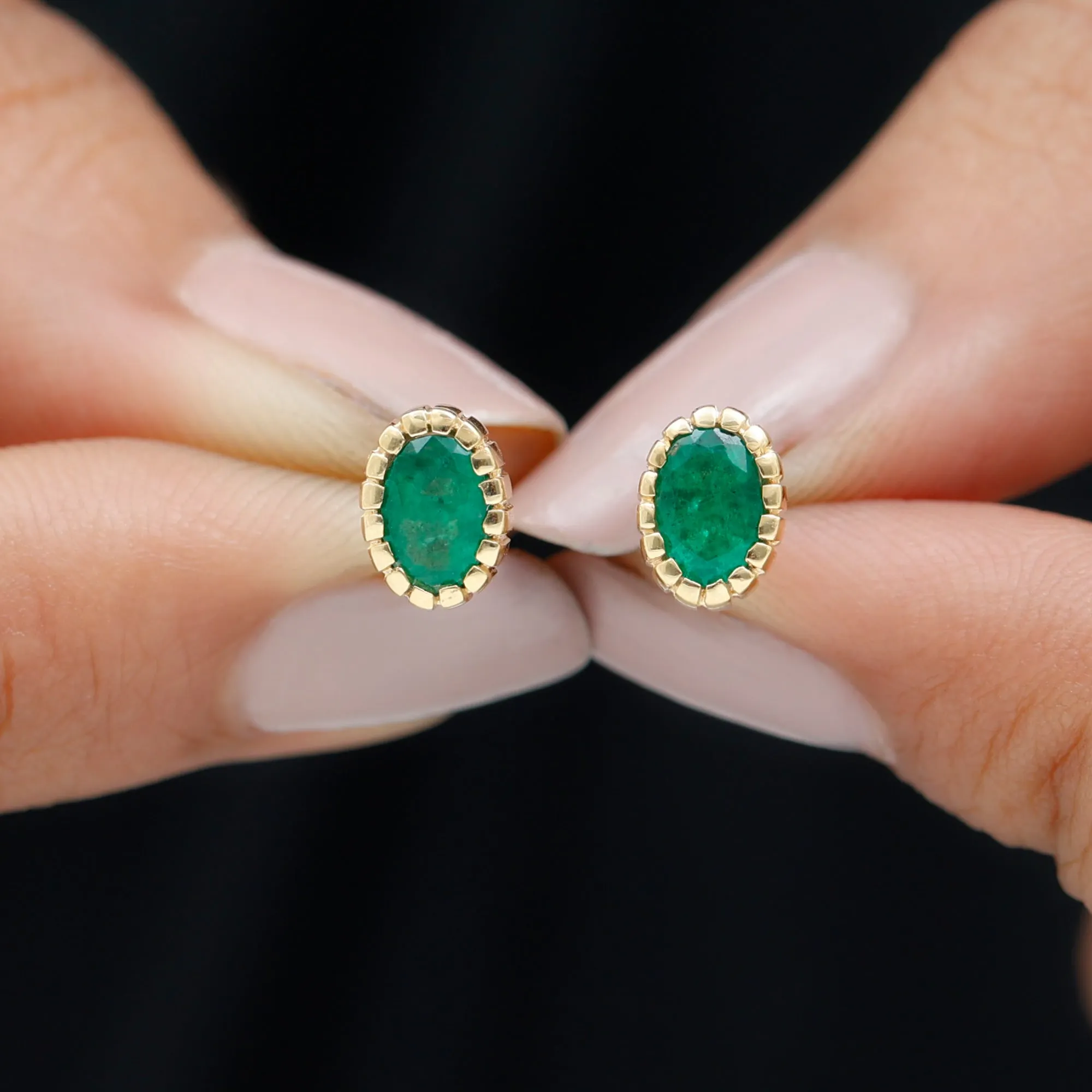 1 CT Oval Emerald Solitaire Stud Earrings in Bezel Setting