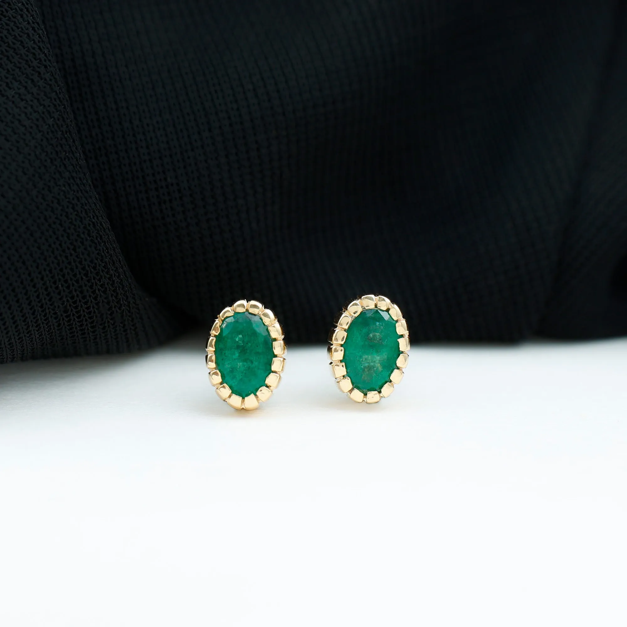 1 CT Oval Emerald Solitaire Stud Earrings in Bezel Setting