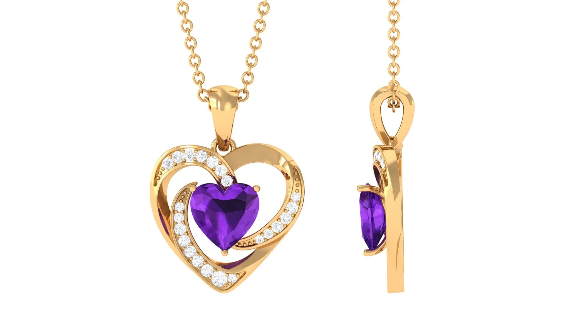 1 CT Solitaire Amethyst and Diamond Heart Pendant Necklace