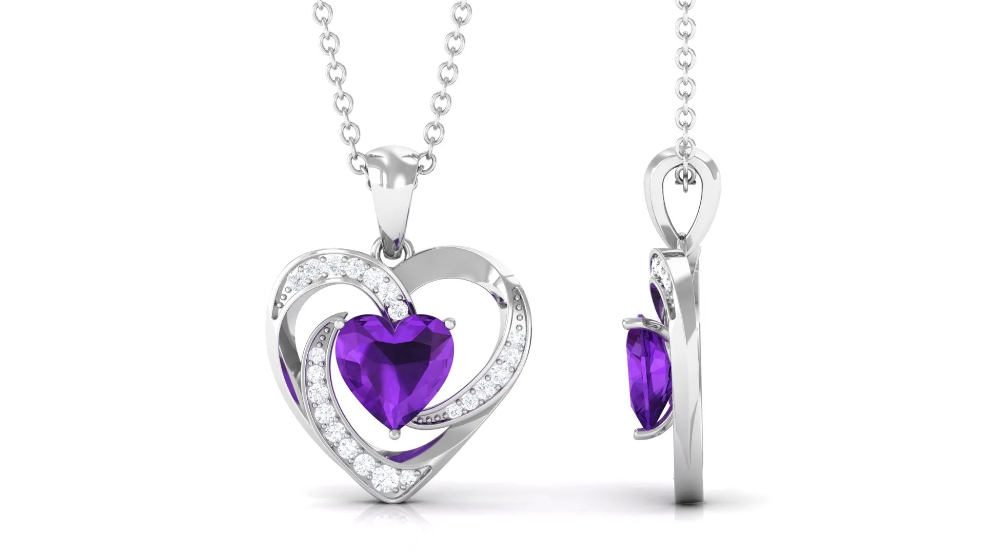 1 CT Solitaire Amethyst and Diamond Heart Pendant Necklace