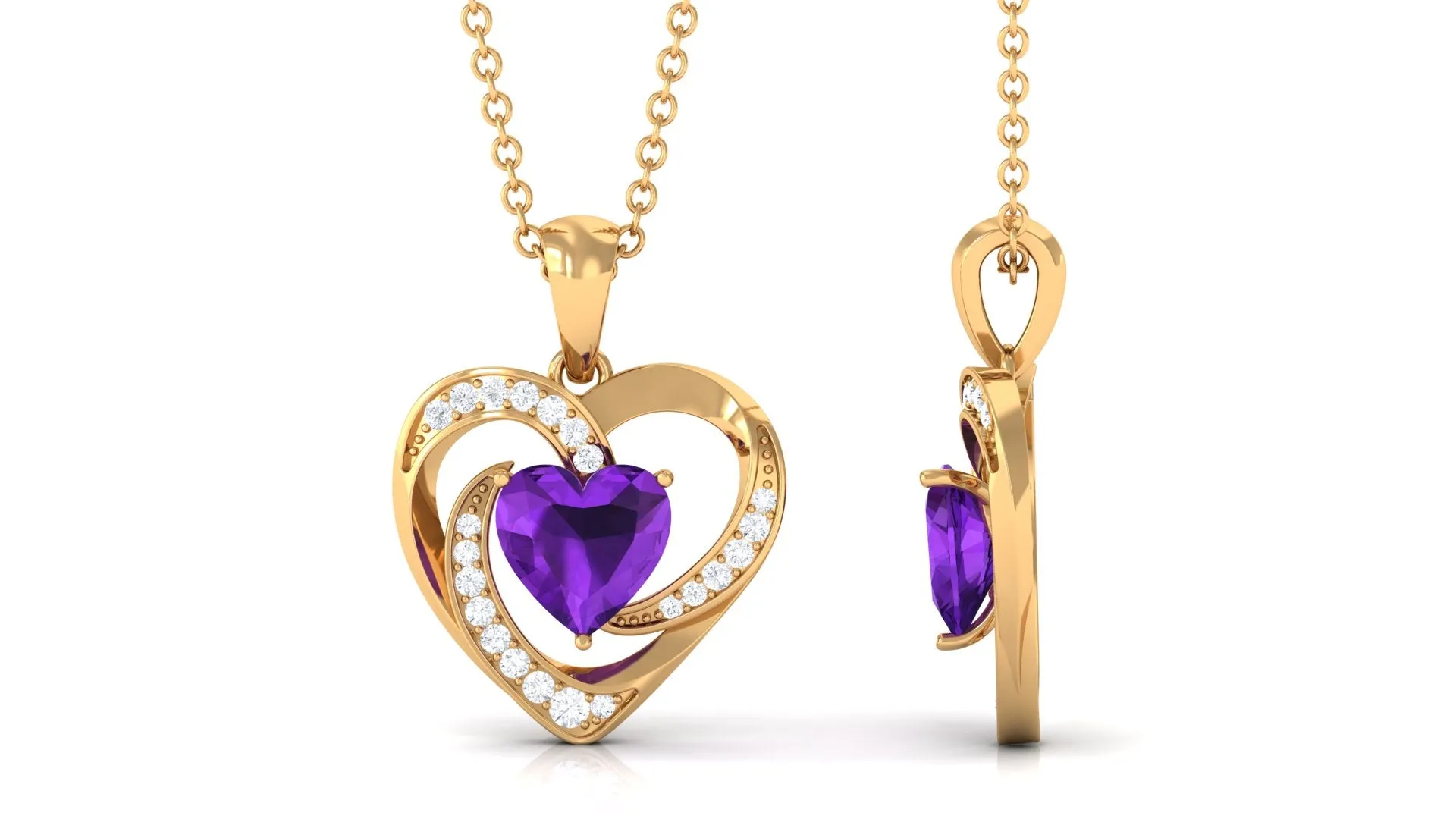 1 CT Solitaire Amethyst and Diamond Heart Pendant Necklace