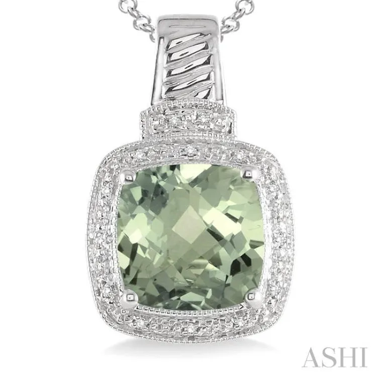 10x10 mm Cushion Cut Green Amethyst and 1/20 ctw Single Cut Diamond Pendant in Sterling Silver with Chain