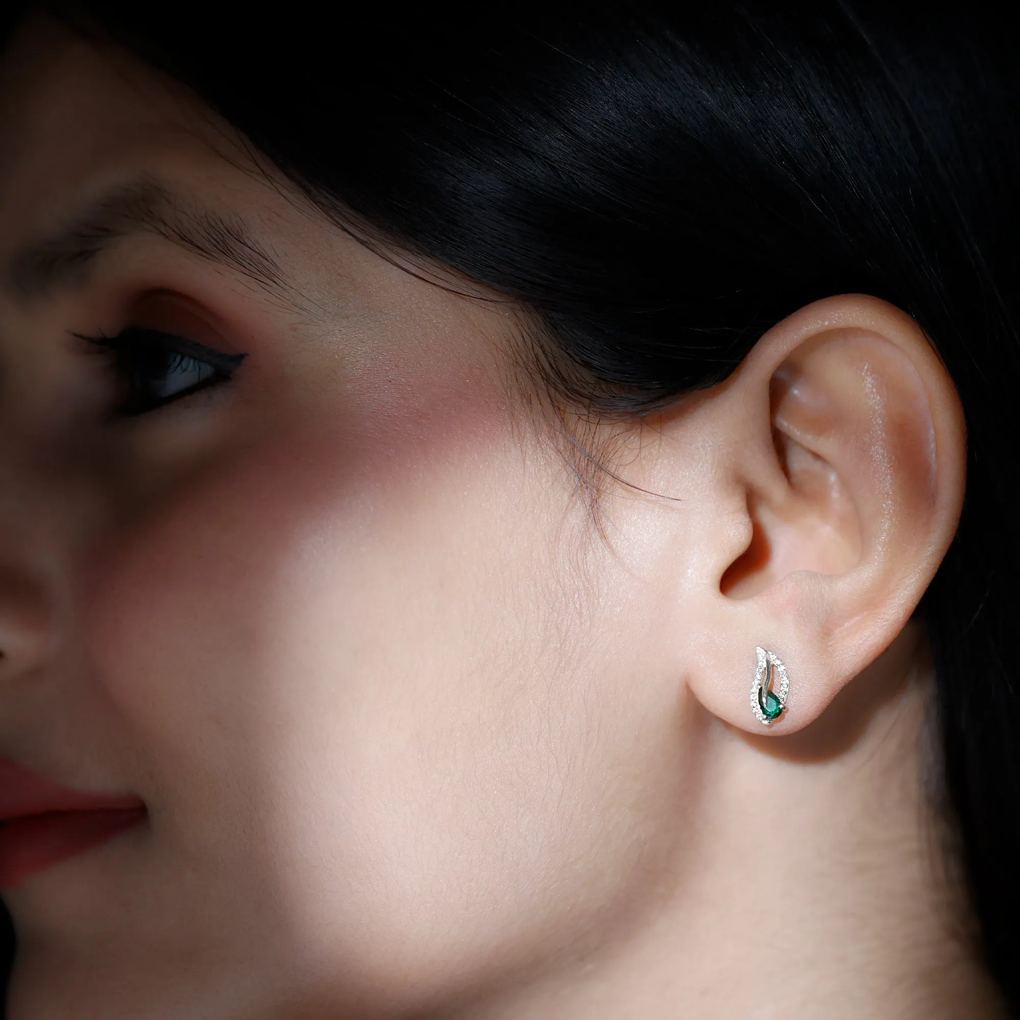 1/2 CT Created Emerald and Diamond Leaf Stud Earrings