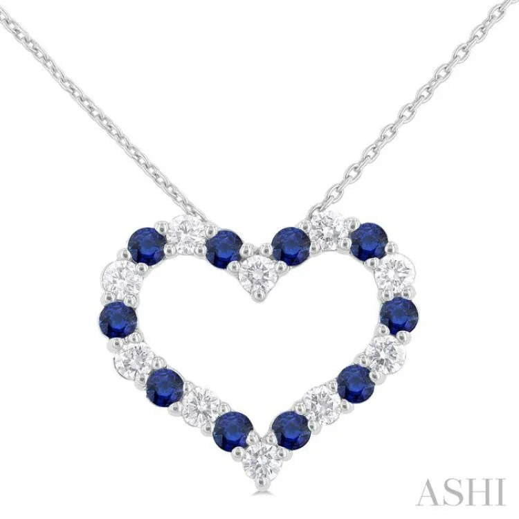 1/2 ctw Open Heart 2.3MM Round Cut Sapphire and Round Cut Diamond Precious  Fashion Pendant With Chain in 14K White Gold