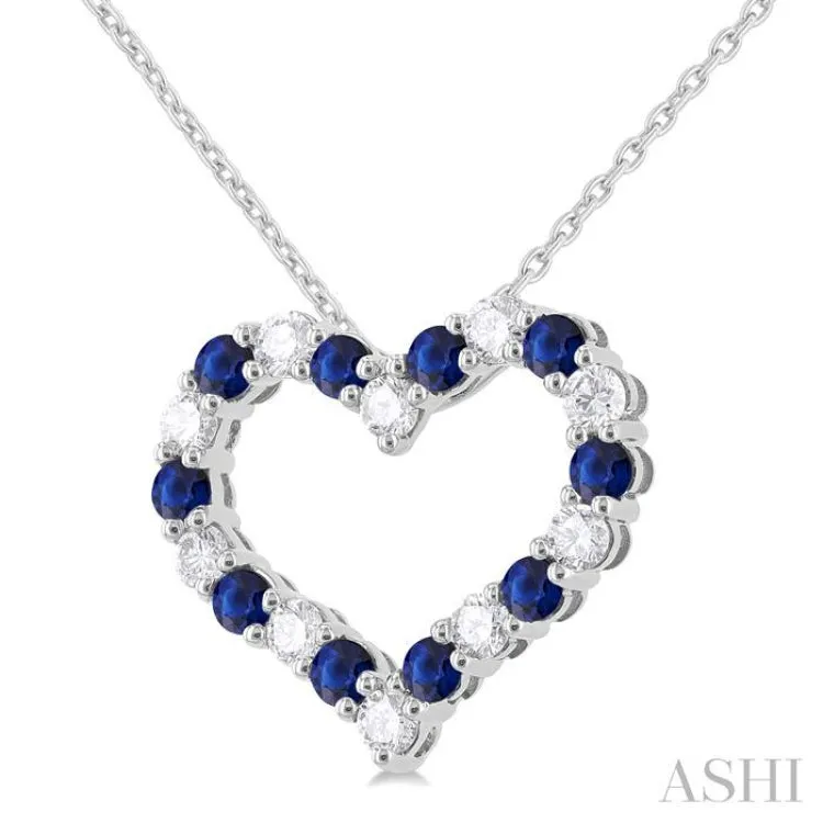 1/2 ctw Open Heart 2.3MM Round Cut Sapphire and Round Cut Diamond Precious  Fashion Pendant With Chain in 14K White Gold