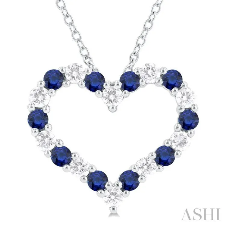 1/2 ctw Open Heart 2.3MM Round Cut Sapphire and Round Cut Diamond Precious  Fashion Pendant With Chain in 14K White Gold