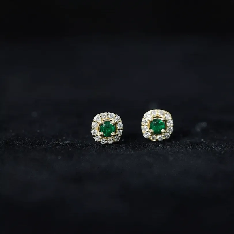 1/4 CT Emerald and Diamond Stud Earrings in Halo