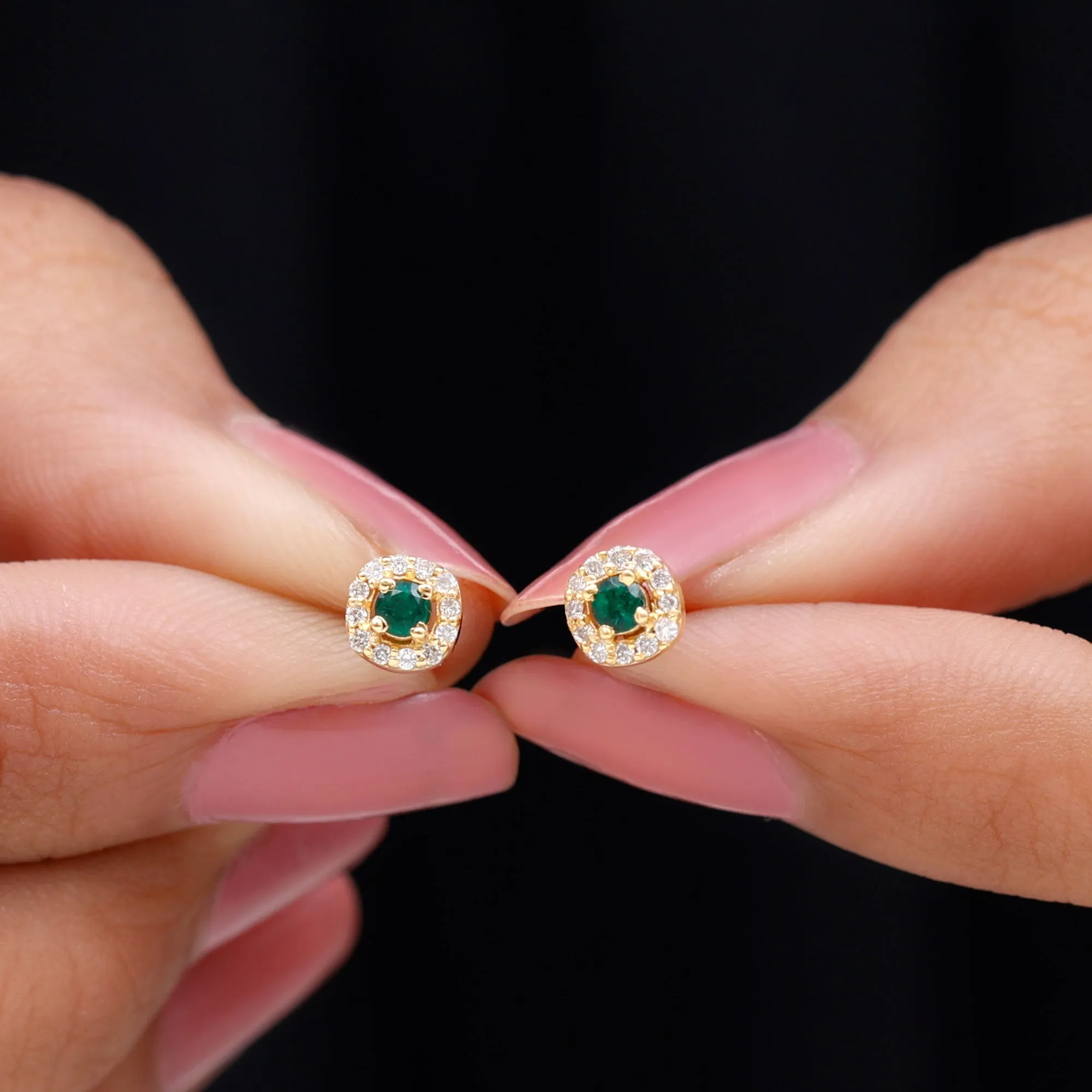 1/4 CT Emerald and Diamond Stud Earrings in Halo