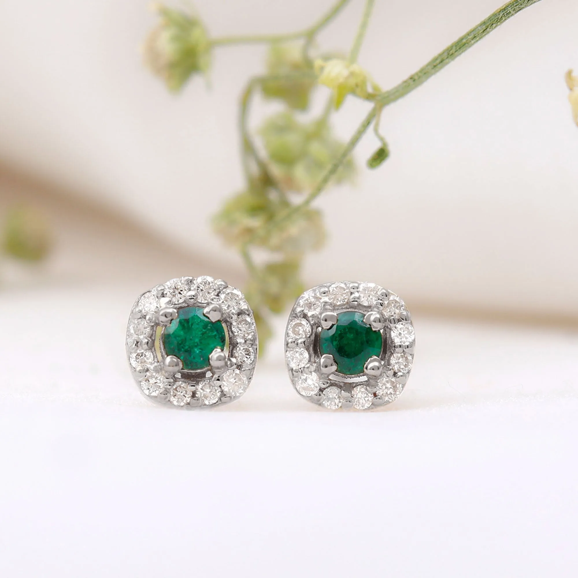 1/4 CT Emerald and Diamond Stud Earrings in Halo