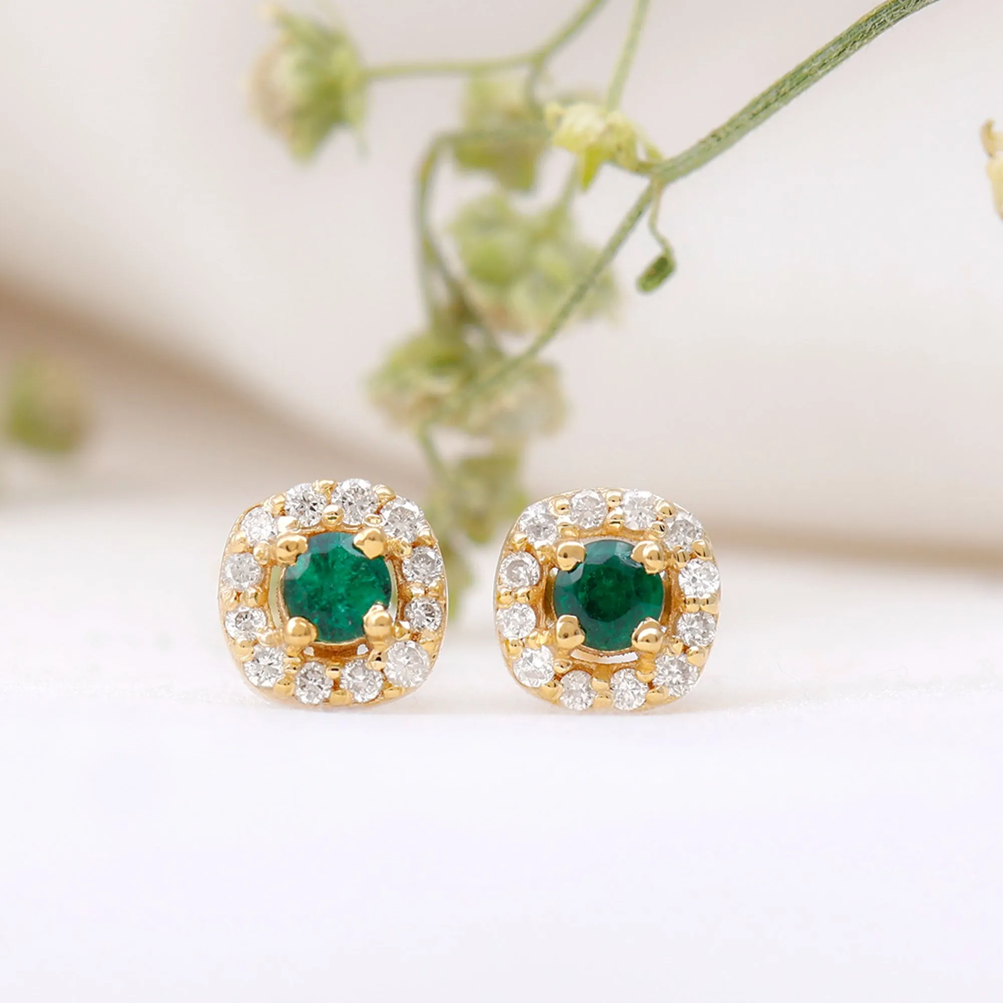 1/4 CT Emerald and Diamond Stud Earrings in Halo