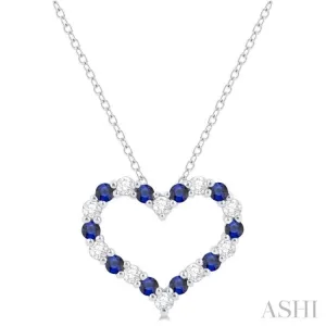 1/4 ctw Open Heart 1.80MM Round Cut Sapphire and Round Cut Diamond Precious  Fashion Pendant With Chain in 14K White Gold