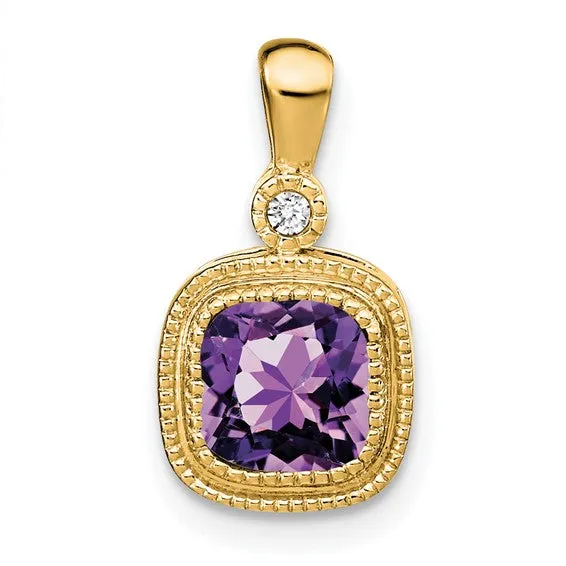 14K Cushion Amethyst and Diamond Pendant with Milgrain Accent