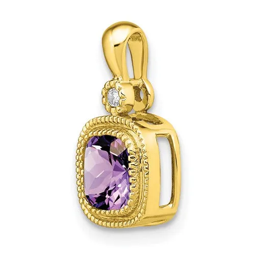 14K Cushion Amethyst and Diamond Pendant with Milgrain Accent