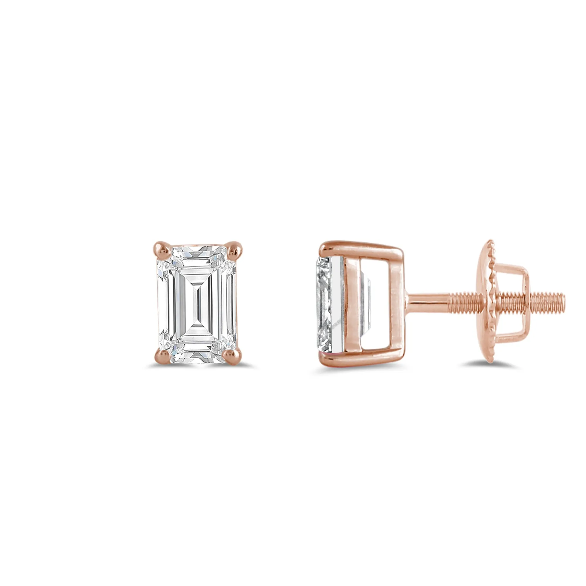 14K Solid Rose Gold Solitaire Stud Earrings | Emerald Cut Cubic Zirconia | Screw Back Posts | 1.0 CTW | With Gift Box