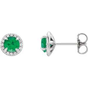 14K White 4 mm Natural Emerald & 1/10 CTW Natural Diamond Earrings