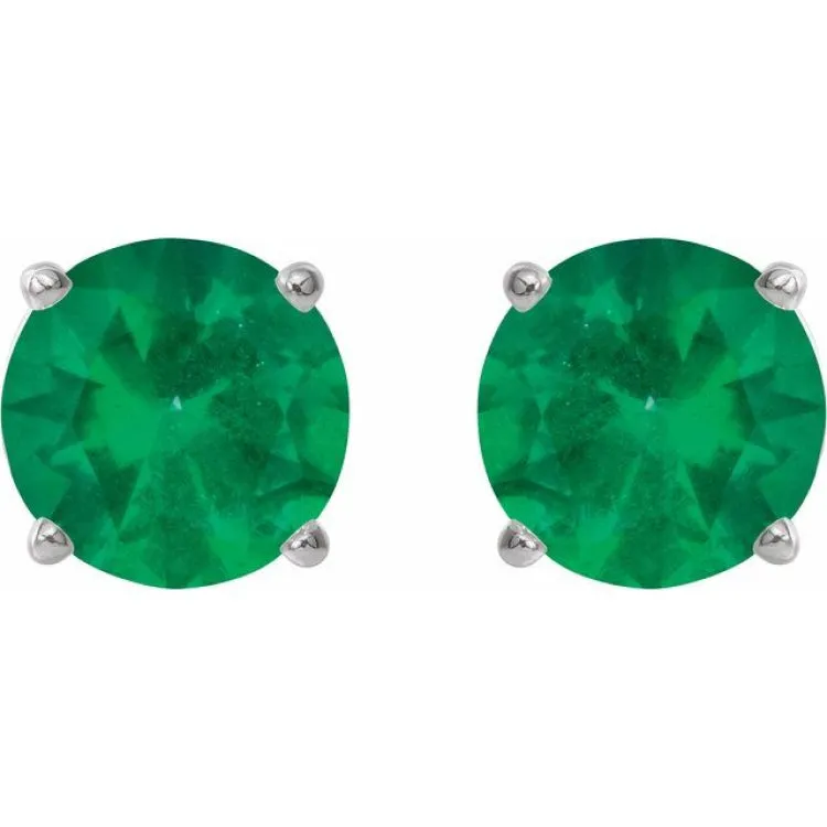 14K White 6 mm Lab-Grown Emerald Stud Earrings