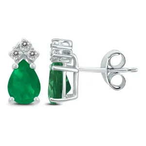 14K White Gold 5X3Mm Pear Emerald And Three Stone Diamond Earrings