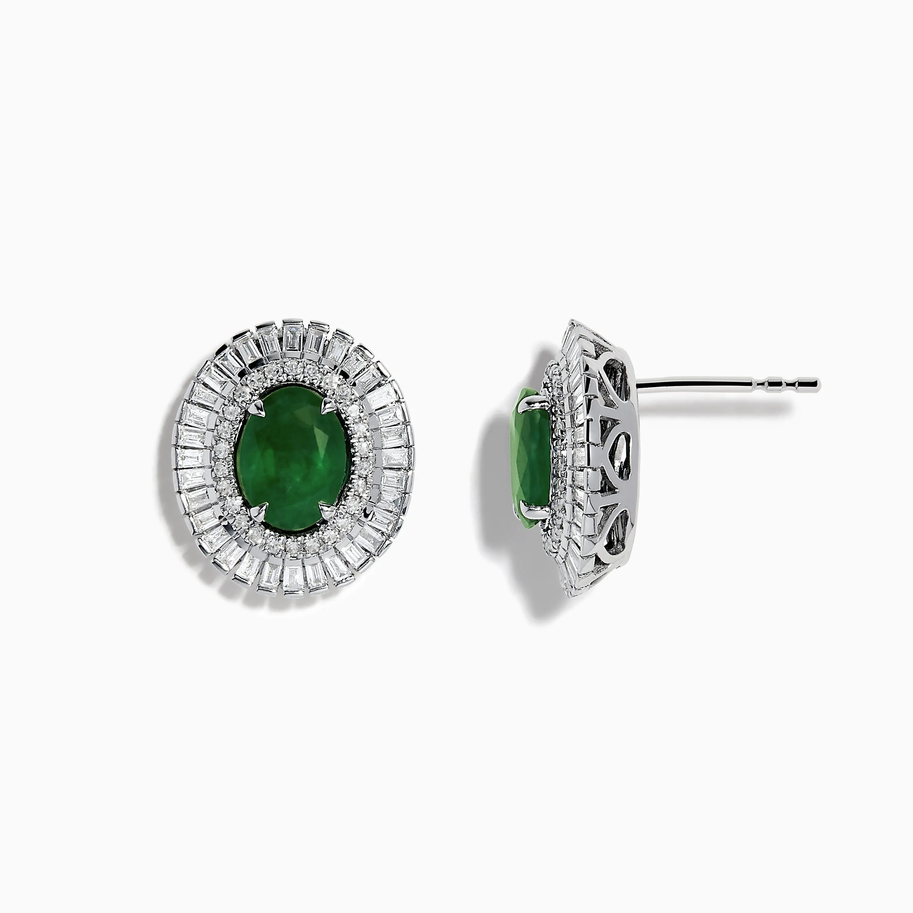 14K White Gold Emerald and Diamond Stud Earrings