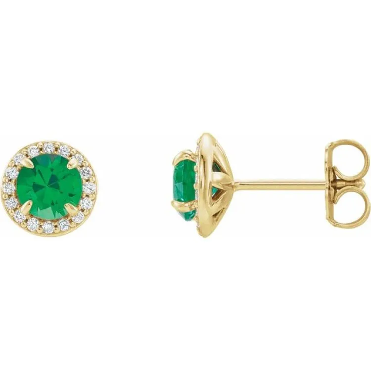 14K Yellow 4.5 mm Lab-Grown Emerald & 1/6 CTW Natural Diamond Earrings