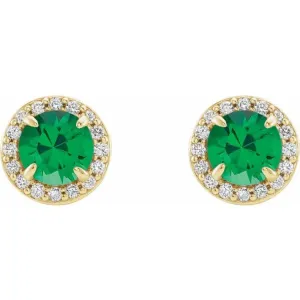 14K Yellow 4.5 mm Lab-Grown Emerald & 1/6 CTW Natural Diamond Earrings