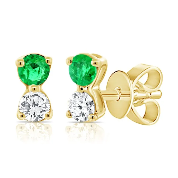 14K Yellow Gold Diamond   Emerald Stud Earrings