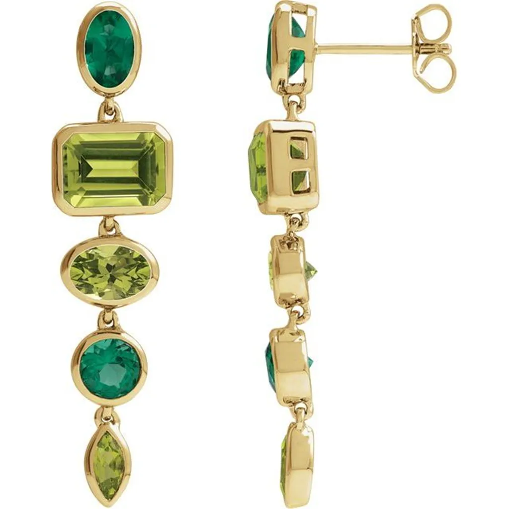 14K Yellow Natural Peridot & Lab-Grown Emerald Dangle Earrings