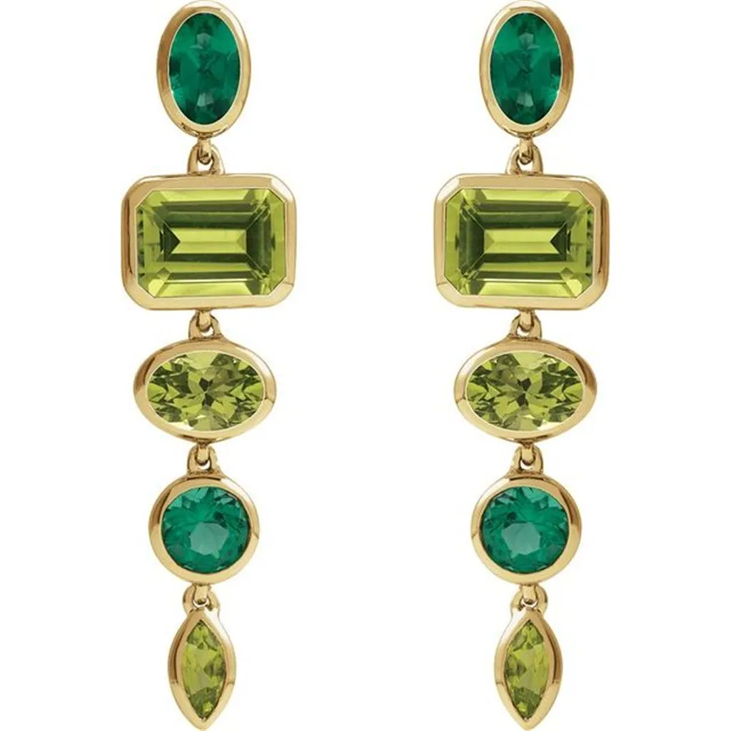 14K Yellow Natural Peridot & Lab-Grown Emerald Dangle Earrings