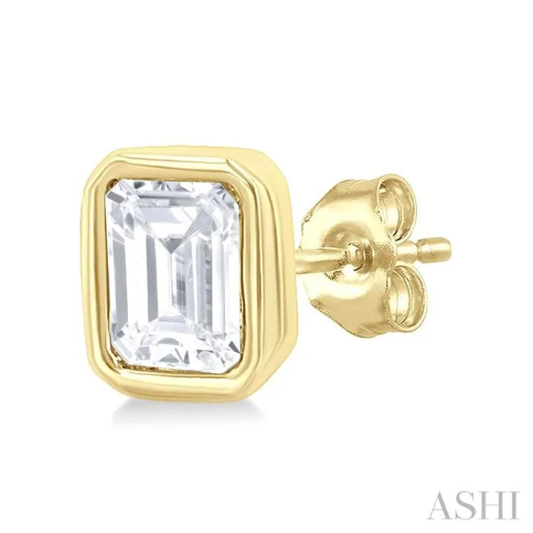 1/5 Ctw Petite Bezel Set Emerald Cut Diamond Fashion Stud Earring in 10K Yellow Gold