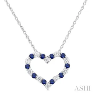 1/8 ctw Open Heart 1.4MM Round Cut Sapphire and Round Cut Diamond Precious  Fashion Pendant With Chain in 14K White Gold