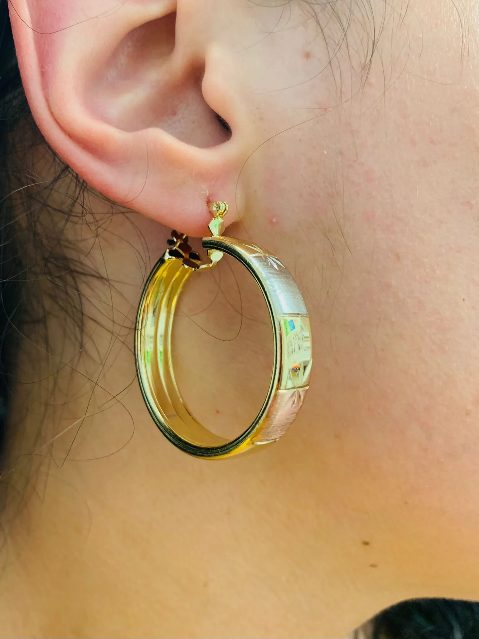 18K Gold Filled Tri Color Hoop Earrings 1.3x1.2" For Womens