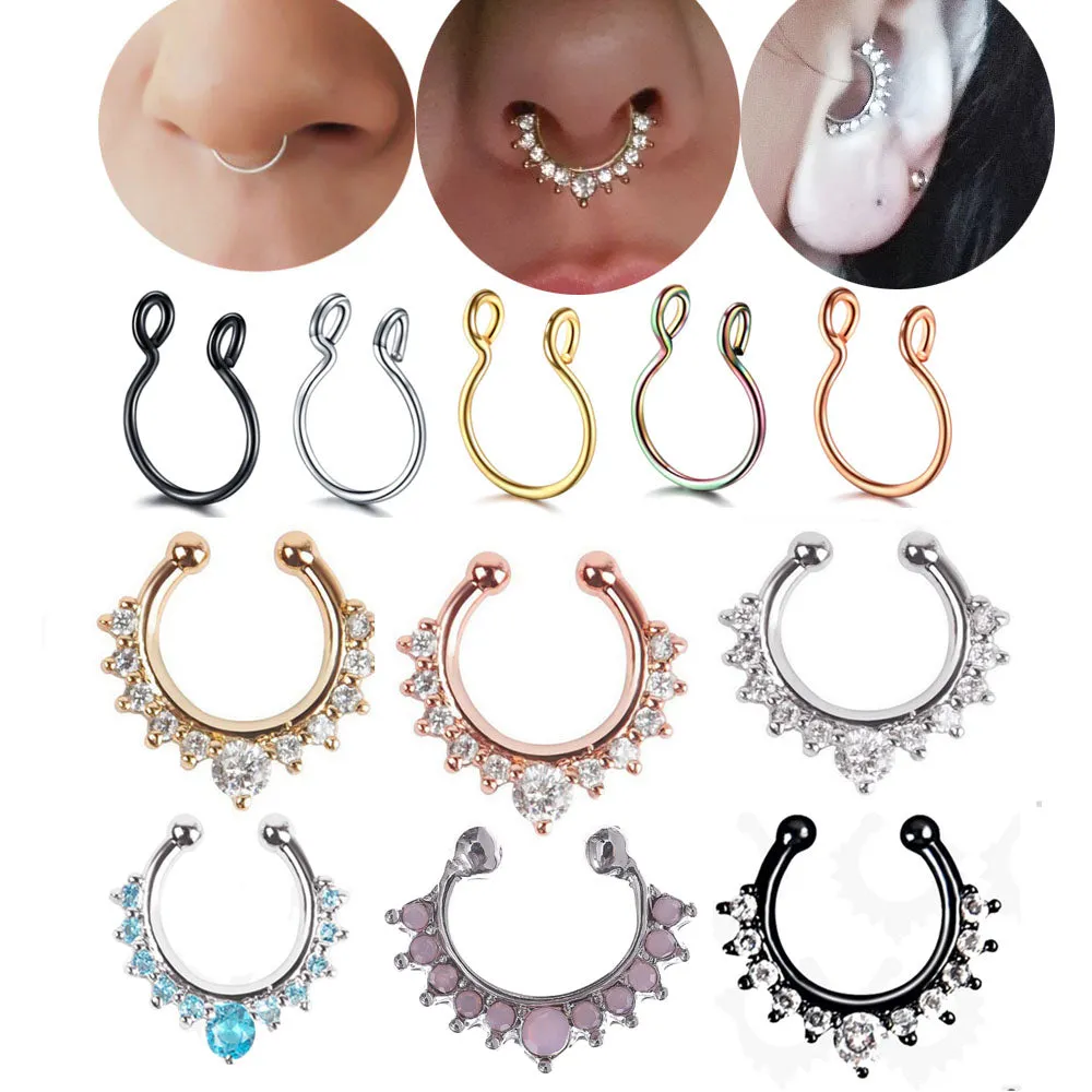 1Pc 10mm Zircon Fake Septum Piercing Nose Ring Hoop nose For Girl Men Faux Body Clip Rings non Body Jewelry Non-Pierced