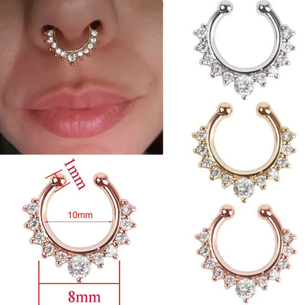 1Pc 10mm Zircon Fake Septum Piercing Nose Ring Hoop nose For Girl Men Faux Body Clip Rings non Body Jewelry Non-Pierced