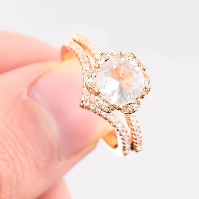 2pcs Fashion Big Glass Filled Flower Ring Set / Luxury Pave Glass Filled Rose Gold Color Rings For Women