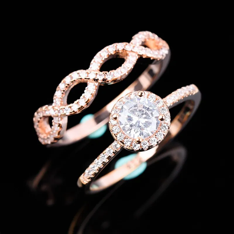 2pcs Fashion Big Glass Filled Flower Ring Set / Luxury Pave Glass Filled Rose Gold Color Rings For Women