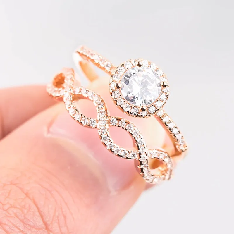 2pcs Fashion Big Glass Filled Flower Ring Set / Luxury Pave Glass Filled Rose Gold Color Rings For Women