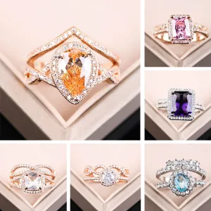 2pcs Fashion Big Glass Filled Flower Ring Set / Luxury Pave Glass Filled Rose Gold Color Rings For Women