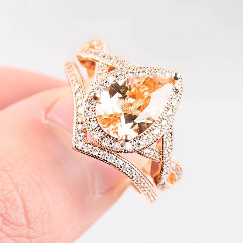 2pcs Fashion Big Glass Filled Flower Ring Set / Luxury Pave Glass Filled Rose Gold Color Rings For Women