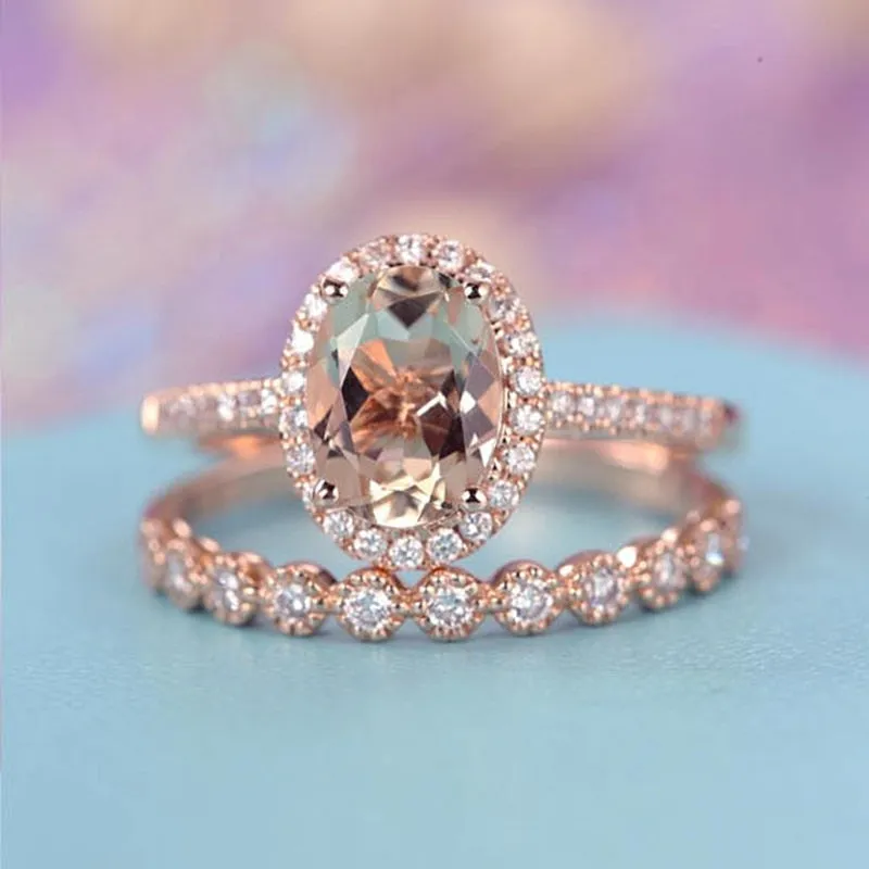 2pcs Fashion Big Glass Filled Flower Ring Set / Luxury Pave Glass Filled Rose Gold Color Rings For Women