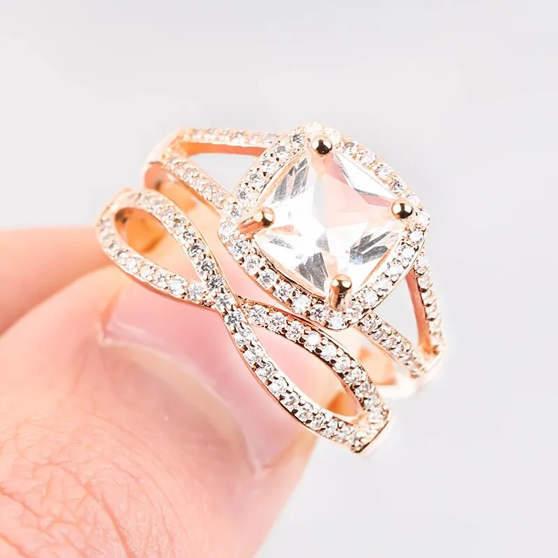 2pcs Fashion Big Glass Filled Flower Ring Set / Luxury Pave Glass Filled Rose Gold Color Rings For Women