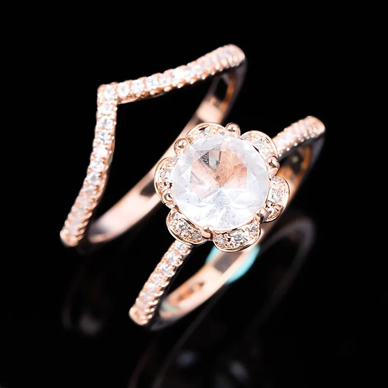 2pcs Fashion Big Glass Filled Flower Ring Set / Luxury Pave Glass Filled Rose Gold Color Rings For Women