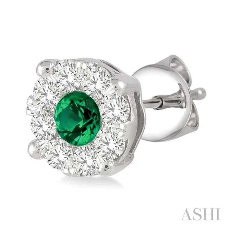 3.3mm Round Cut Emerald and 1/2 Ctw Lovebright Diamond Precious Earrings in 14K White Gold