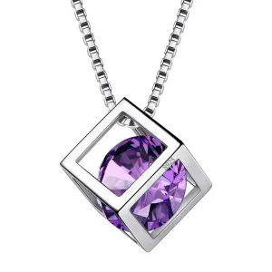 3D Cube Birthstone February Amethyst Necklace Pendant Women Girls Jewelry Birthday Gift Sterling Silver