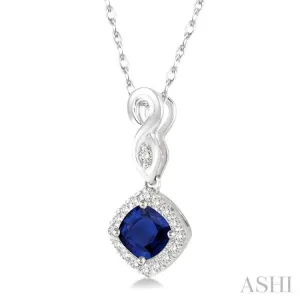 4x4 MM Cushion Cut Sapphire and 1/10 Ctw Round Cut Diamond Pendant in 10K White Gold with Chain