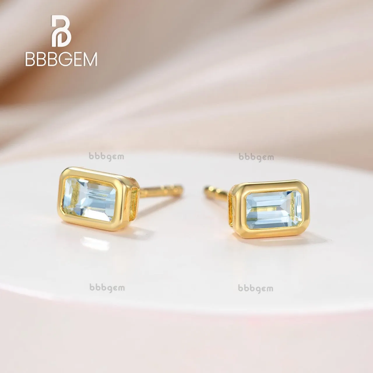 5x3mm Emerald Cut Aquamarine Bezel Set Stud Earring 14k Silver Yellow Gold Plated Solitaire Stud Earrings