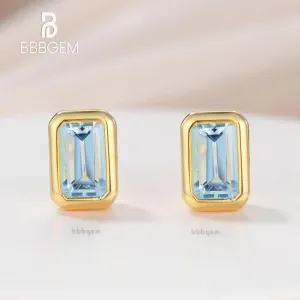 5x3mm Emerald Cut Aquamarine Bezel Set Stud Earring 14k Silver Yellow Gold Plated Solitaire Stud Earrings