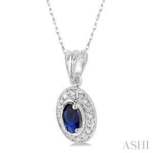 5x3mm Oval Shape Sapphire and 1/20 Ctw Single Cut Diamond Pendant in 14K White Gold with Chain