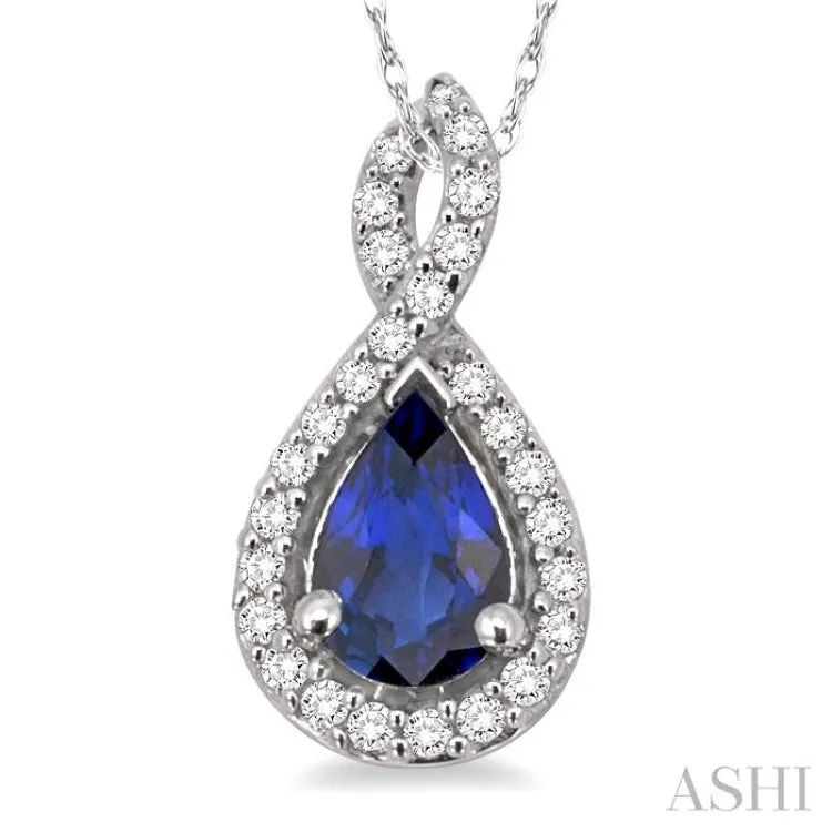 6x4 MM Pear Shape Sapphire and 1/10 Ctw Round Cut Diamond Pendant in 14K White Gold with Chain