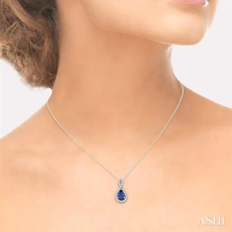 6x4MM Pear Shape Sapphire and 1/10 Ctw Round Cut Diamond Pendant in 14K White Gold with Chain